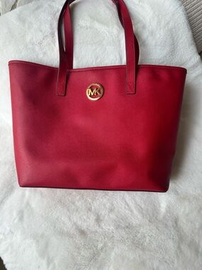 Michael Kors Red Leather Tote with Gold MK Emblem